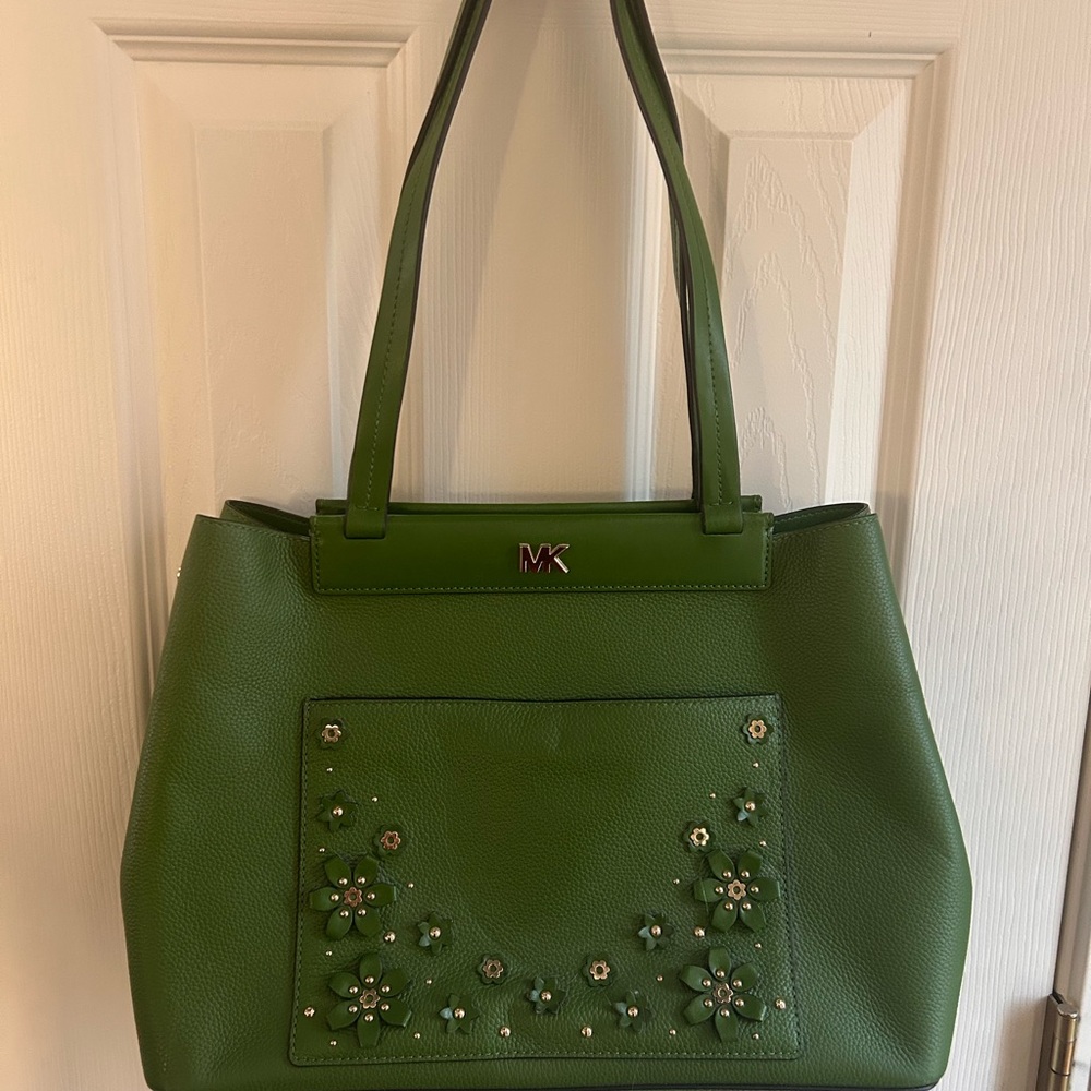 EUC - Michael Kors Olive Green Tote with Floral Accents